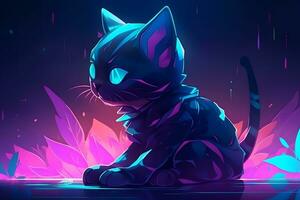 carino neon arte con un' gattino. neurale Rete ai generato foto