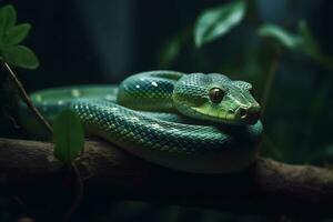 verde tropicale serpente. neurale Rete ai generato foto