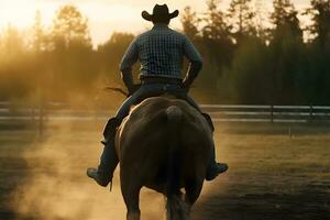 cowboy su cavallo lassoing toro, neurale Rete ai generato foto