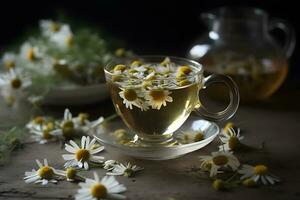 tazza di tè con camomilla fiori su rustico di legno sfondo. neurale Rete ai generato foto