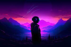 uomo nel virtuale la realtà bicchieri nel neon synthwave stile. neurale Rete ai generato foto