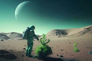 astronauta piantare un' albero su il Luna o Marte. neurale Rete ai generato foto