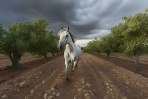 giovane Marrone cavallo al galoppo, salto su il campo su un' neutro sfondo. neurale Rete ai generato foto