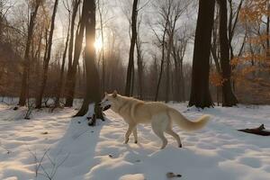 carino e divertente cane con giocando e salto nel il neve. all'aperto inverno felicità. neurale Rete ai generato foto