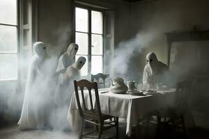 frequentato vecchio castello con fantasma famiglia. neurale Rete ai generato foto