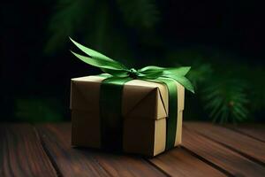 Natale regalo scatola e decorazioni su un' vecchio di legno sfondo. neurale Rete ai generato foto