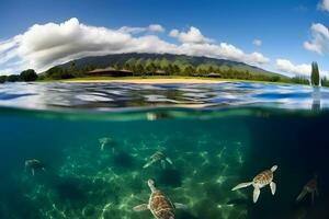 mare tartaruga vicino su al di sopra di corallo scogliera nel Hawaii. neurale Rete ai generato foto