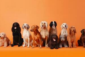 un' gruppo di cani su un arancia sfondo. neurale Rete ai generato foto