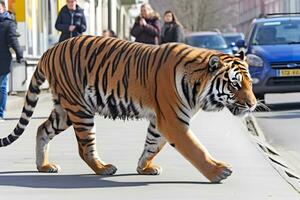 urbano tigre apocalisse. un' tigre a piedi attraverso urbano rovine nel un' post-apocalisse piace ambientazione. neurale Rete ai generato foto