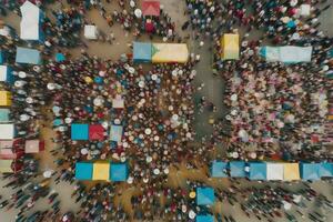 folla di persone nel centro di cittadina, superiore Visualizza. neurale Rete ai generato foto