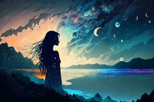 astratto mistico donna silhouette contro fiaba notte epico cielo nel blu e arancia toni. neurale Rete generato arte foto