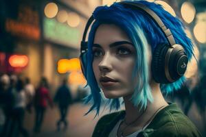 ritratto di giovane ragazza con blu capelli ascoltando musica con cuffie su città strada. neurale Rete generato arte foto