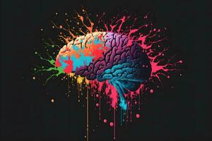 umano cervello nel colorato spruzzi su nero sfondo. neurale Rete generato arte foto