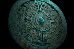 vicino Visualizza di il antico azteco Maya calendario con il giro modello e sollievo su pietra superficie. neurale Rete generato arte foto