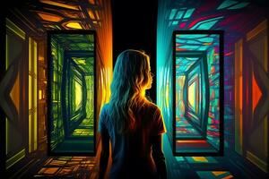 astratto donna nel futuristico immaginario camera con molti colorato specchi. neurale Rete generato arte foto