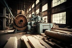 la lavorazione del legno segheria produzione e in lavorazione di di legno tavole nel un' moderno industriale fabbrica montaggio linea nel produzione. neurale Rete generato arte foto