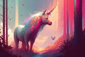 Magia unicorno nel fantastico mondo con soffice nuvole e Fata prati. neurale Rete generato arte foto
