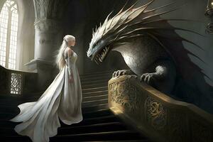 fantasia Principessa e bellissimo Drago nel il castello. neurale Rete ai generato foto