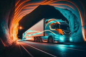 camion trailer guida a il neon tunnel. neurale Rete generato arte foto