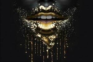 bellezza trucco d'oro lusso labbra su un' nero sfondo. neurale Rete ai generato foto