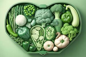 verde verdure nel il forma di un' cuore. vegano concetto. neurale Rete ai generato foto