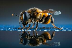 miele ape con acqua gocce avvicinamento. neurale Rete ai generato foto