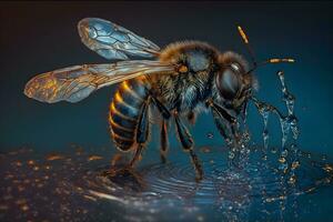 miele ape con acqua gocce avvicinamento. neurale Rete ai generato foto