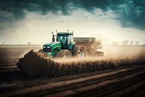 contadino con trattore semina semina colture a agricolo campo. impianti, Grano. neurale Rete ai generato foto