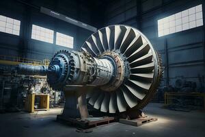 lavoratori assemblaggio e costruzione gas turbine nel un' moderno industriale fabbrica. neurale Rete ai generato foto