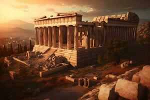 fantasia Atene punto di riferimento acropoli e il odeon di erode attico, erodeion, appena dopo il Alba. neurale Rete ai generato foto