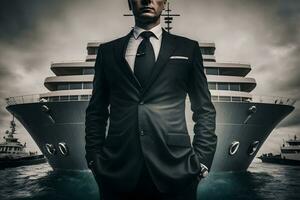 fiducioso riuscito uomo d'affari su il sfondo di un' privato yacht. neurale Rete ai generato foto