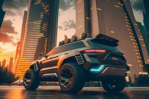 moderno futuristico fuori strada suv auto nel città centro. neurale Rete generato arte foto