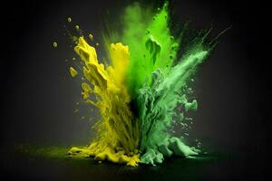 esplosione di verde e giallo colore dipingere polvere su nero sfondo. neurale Rete generato arte foto