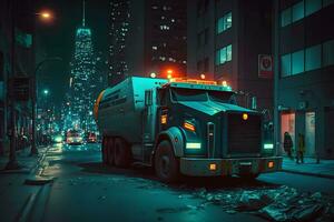 spazzatura camion nel il notte città. neurale Rete ai generato foto