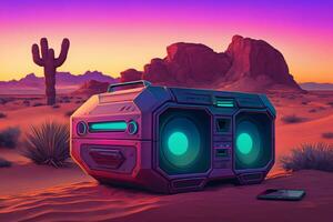 Vintage ▾ Radio Boombox nel il deserto, retroonda, synthwave. neurale Rete ai generato foto