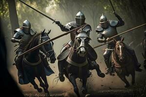 epico campo di battaglia eserciti di medievale cavalieri combattente con spade. neurale Rete ai generato foto