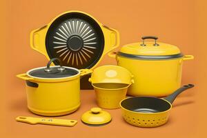 giallo cucina utensili impostare. neurale Rete ai generato foto