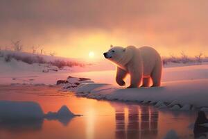 polare orso nel natura selvaggia la zona contro tramonto. neurale Rete ai generato foto