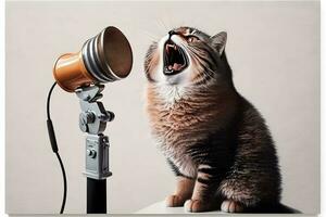 gatto artista canta in un' microfono. neurale Rete ai generato foto