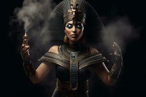 egiziano dea su nero sfondo. neurale Rete ai generato foto