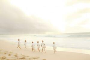 un' gruppo di bambini giocando su il spiaggia. neurale Rete ai generato foto