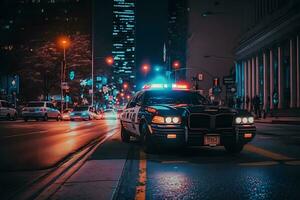 blu leggero lampeggiatore in cima di un' polizia macchina. città luci su il sfondo. neurale Rete ai generato foto