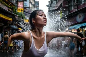 asiatico donna nel acqua. neurale Rete ai generato foto