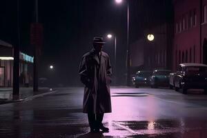 investigatore nel il pioggia nel il notte città. neurale Rete ai generato foto