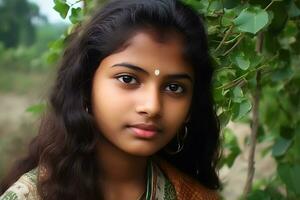 ritratto di un' indiano ragazza contro il sfondo di spighette di Grano. neurale Rete ai generato foto