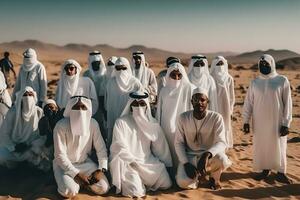 molti arabo uomini nel il deserto. neurale Rete ai generato foto