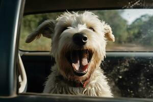 divertente cane su di auto finestra. neurale Rete ai generato foto