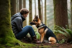 uomo a piedi con il suo cane amico. neurale Rete ai generato foto