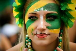 brasiliano carnevale. giovane donna godendo il carnevale festa. neurale Rete ai generato foto