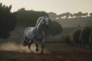 giovane Marrone cavallo al galoppo, salto su il campo su un' neutro sfondo. neurale Rete ai generato foto